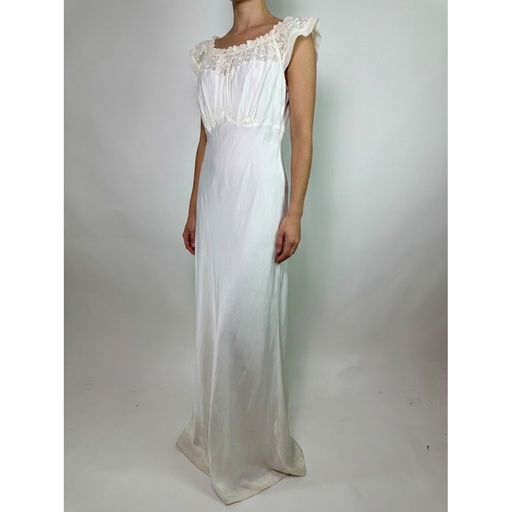 Vintage 1940s Barbizon White Rayon Satin Bias Nightgown Lace Old Hollywood Glam